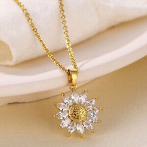 Gold Sunflower Pendant Zircon Necklace